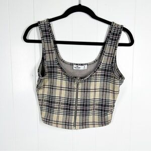 Hollister Brown Plaid Zip Front Cropped Light Academia Tank Medium